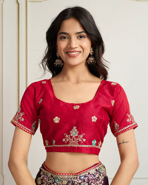 Purple Georgette Saree With Embroidered Art Silk Red Blouse For Women