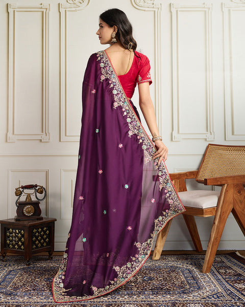 Purple Georgette Saree With Embroidered Art Silk Red Blouse For Women