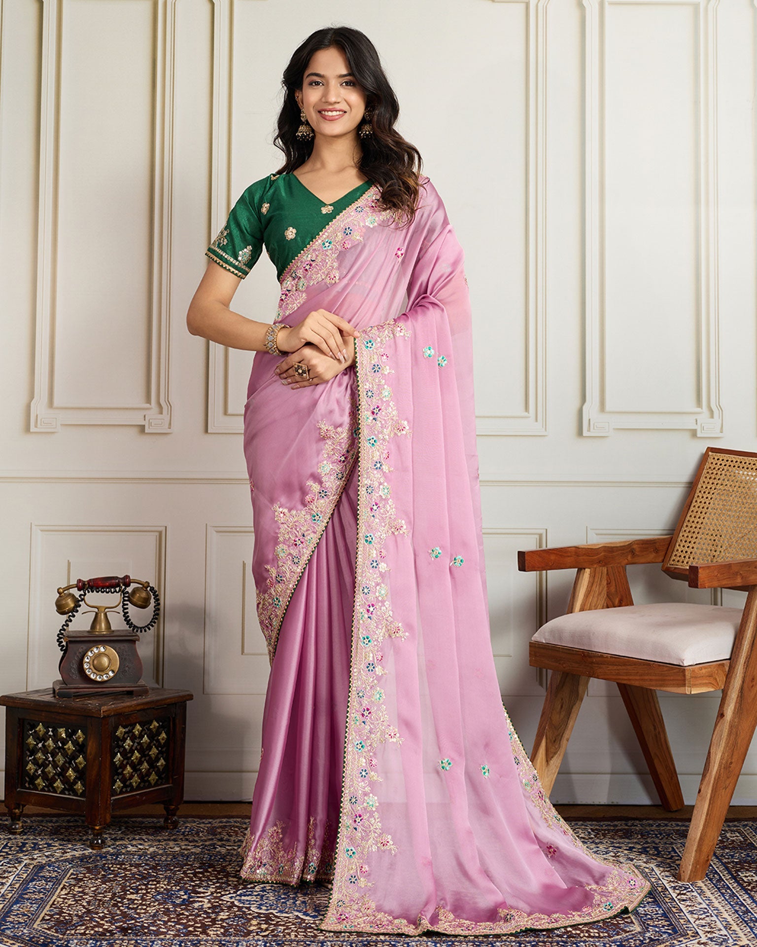 Baby Pink Georgette Saree With Embroidered Art Silk Green Blouse For Women