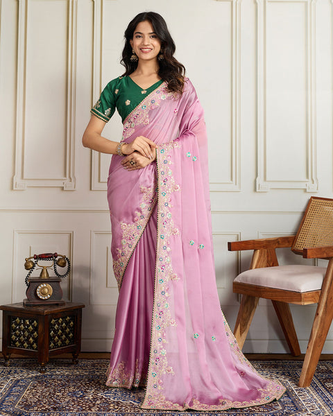 Baby Pink Georgette Saree With Embroidered Art Silk Green Blouse For Women