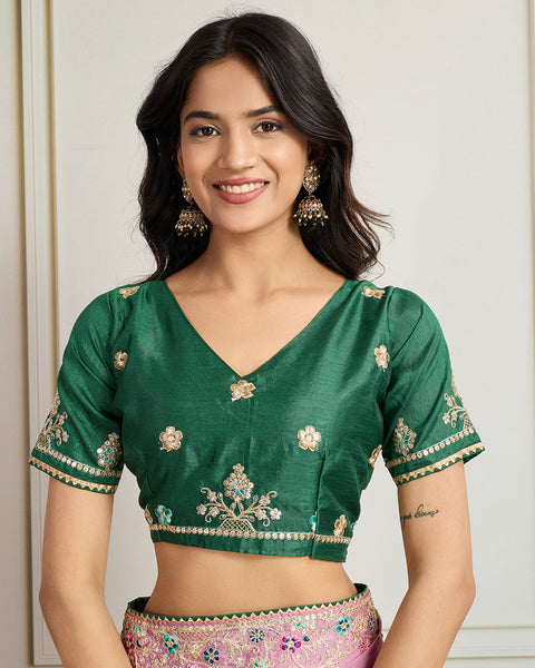 Baby Pink Georgette Saree With Embroidered Art Silk Green Blouse For Women