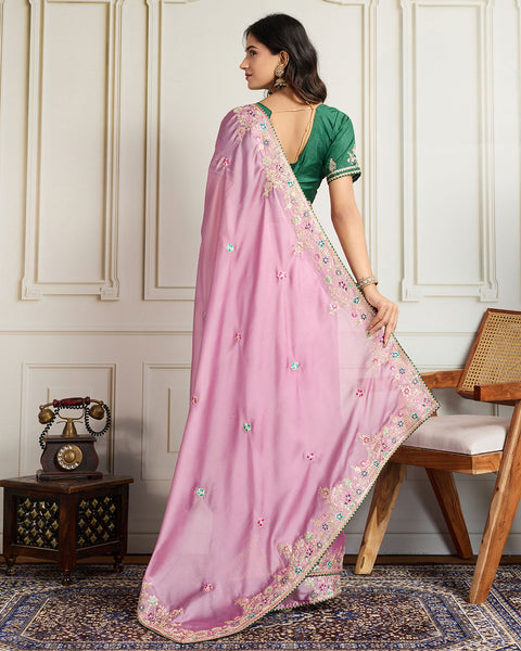 Baby Pink Georgette Saree With Embroidered Art Silk Green Blouse For Women