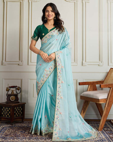 Sea Green Georgette Saree With Embroidered Art Silk Green Blouse For Women