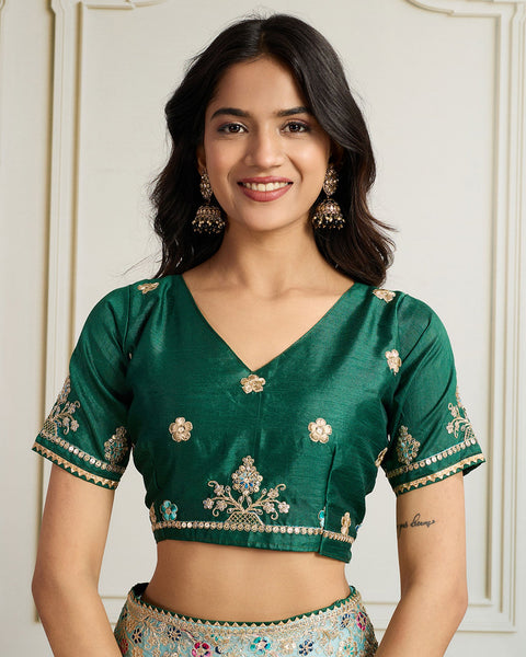 Sea Green Georgette Saree With Embroidered Art Silk Green Blouse For Women