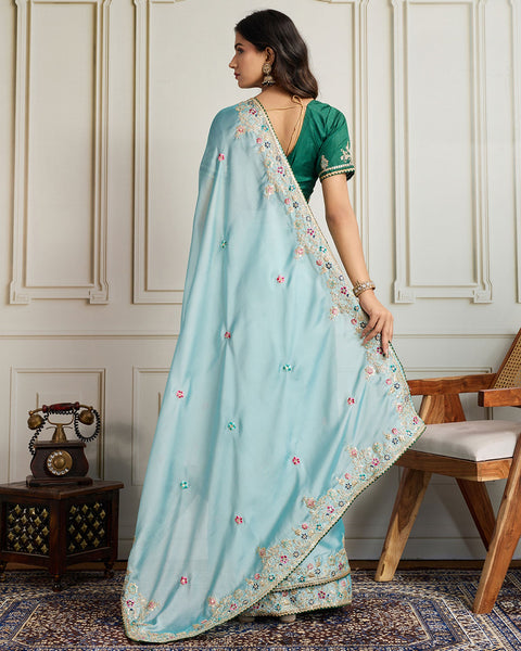 Sea Green Georgette Saree With Embroidered Art Silk Green Blouse For Women