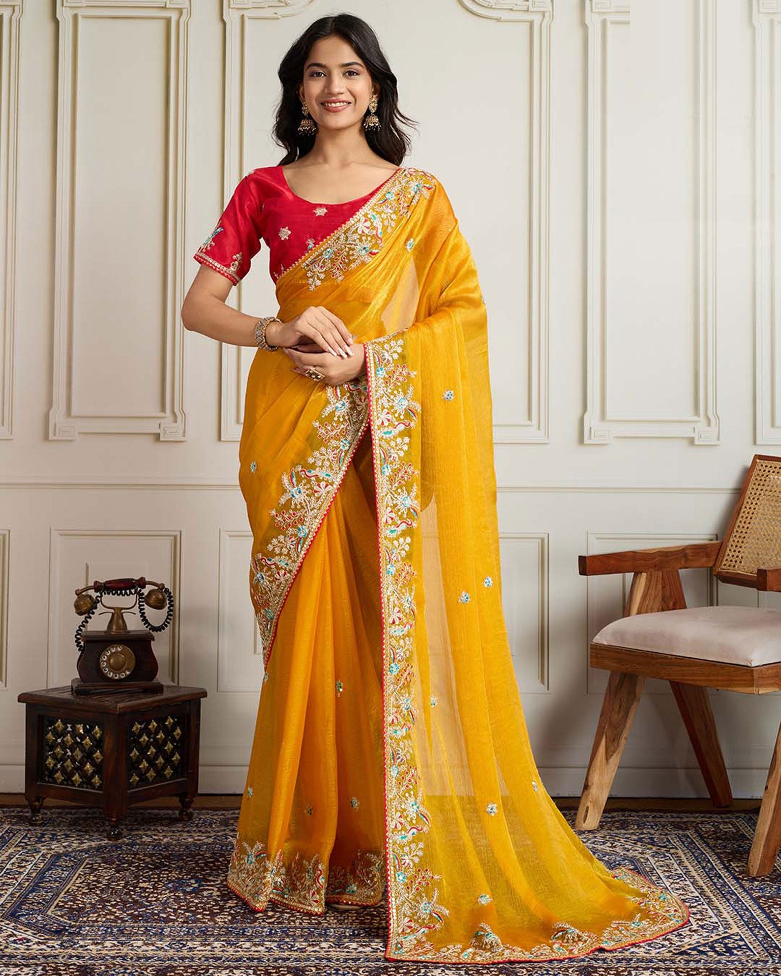 Yellow Georgette Saree With Embroidered Art Silk Red Blouse For Women