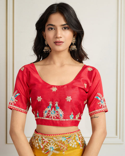 Yellow Georgette Saree With Embroidered Art Silk Red Blouse For Women