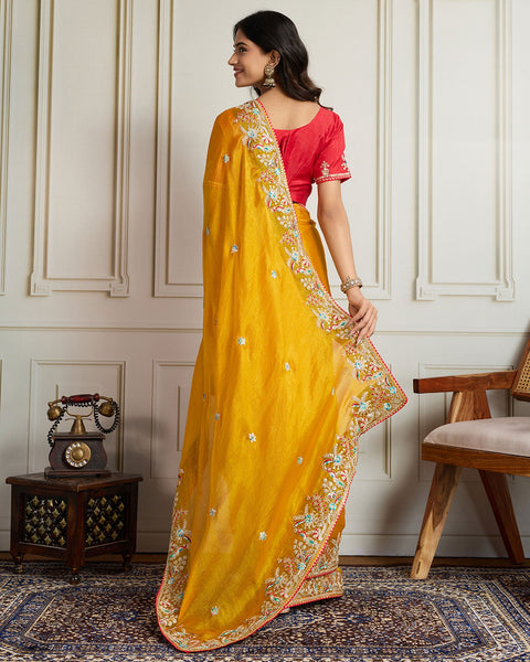 Yellow Georgette Saree With Embroidered Art Silk Red Blouse For Women