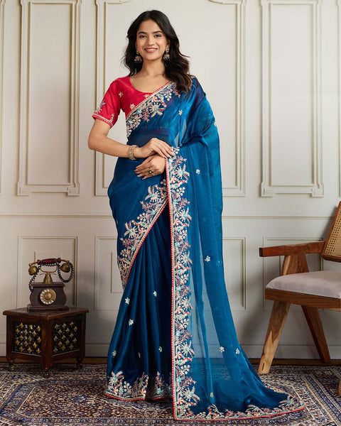 Blue Georgette Saree With Embroidered Art Silk Red Blouse For Women