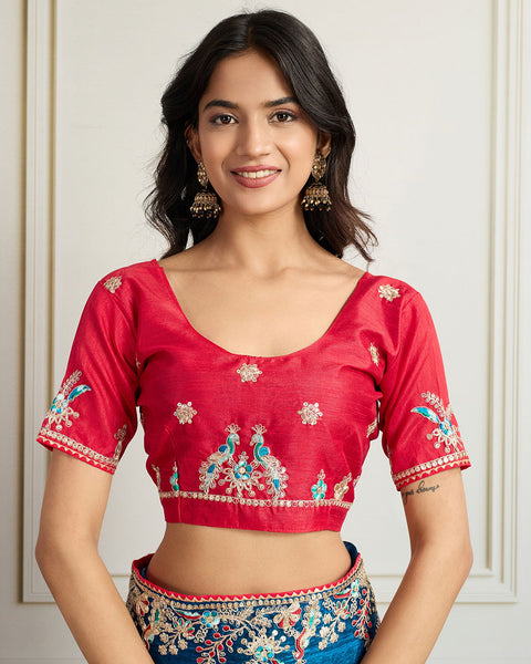 Blue Georgette Saree With Embroidered Art Silk Red Blouse For Women