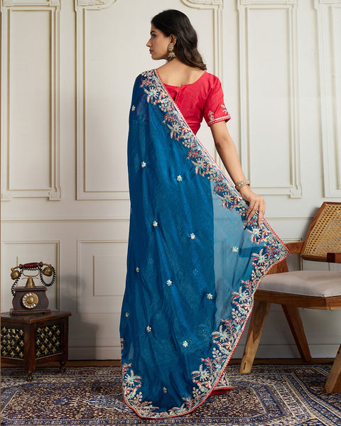 Blue Georgette Saree With Embroidered Art Silk Red Blouse For Women