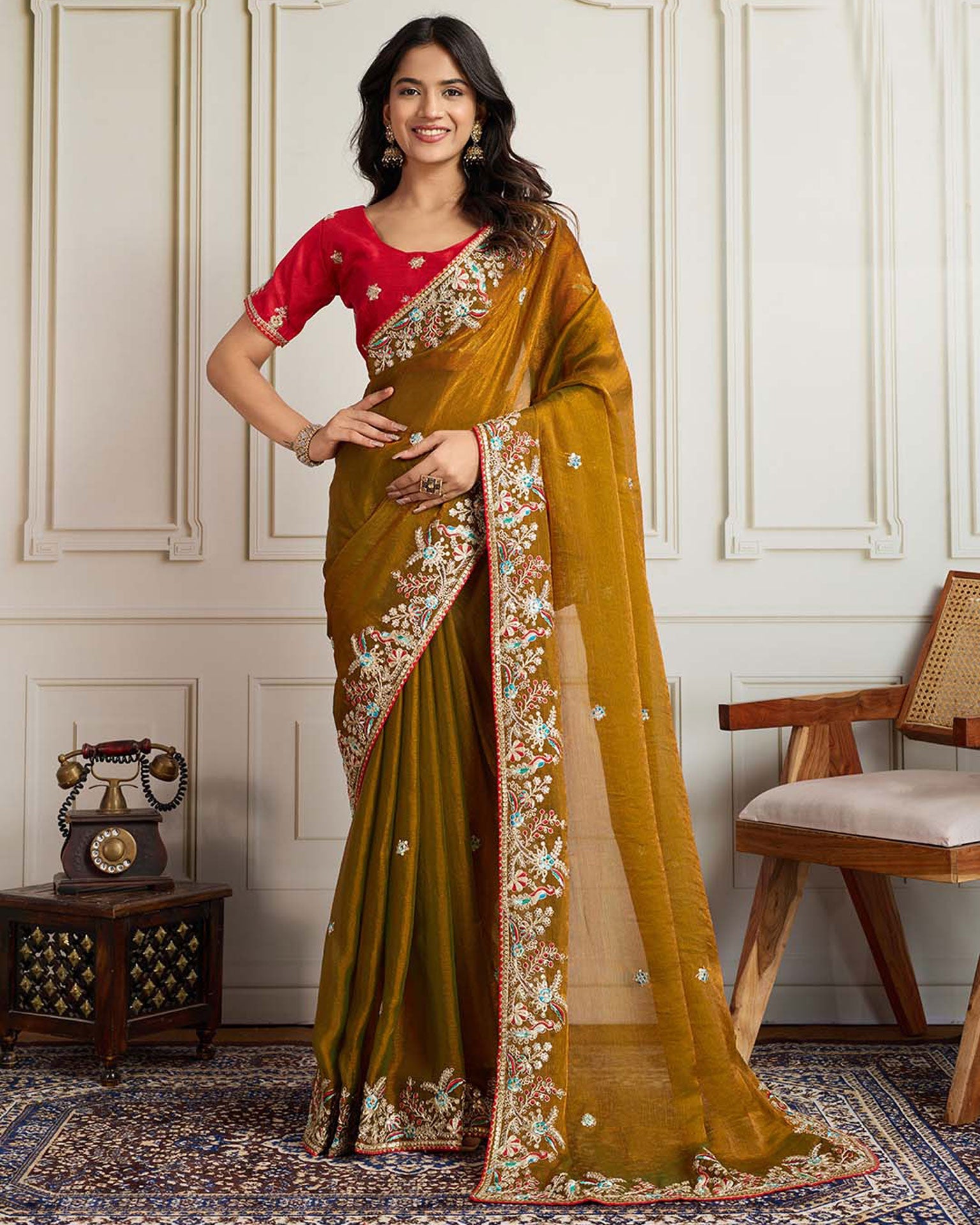 Golden Georgette Saree With Embroidered Art Silk Red Blouse For Women