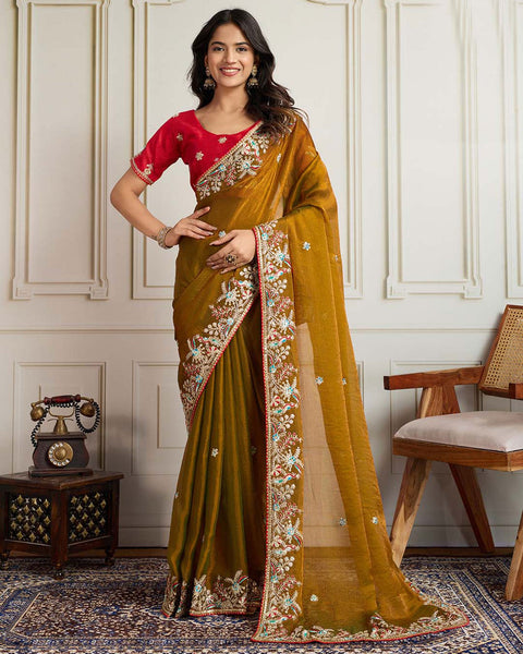 Golden Georgette Saree With Embroidered Art Silk Red Blouse For Women