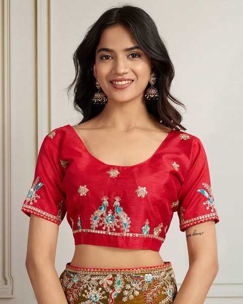 Golden Georgette Saree With Embroidered Art Silk Red Blouse For Women