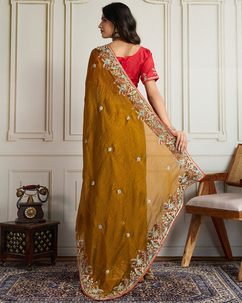 Golden Georgette Saree With Embroidered Art Silk Red Blouse For Women