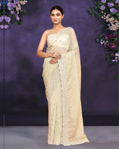 Women Cream Organza Satin Silk Sequins Work Saree With Malai Satin Embroidered Unstitched Blouse