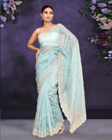 Women Sky Blue Organza Satin Silk Sequins Work Saree With Malai Satin Embroidered Unstitched Blouse