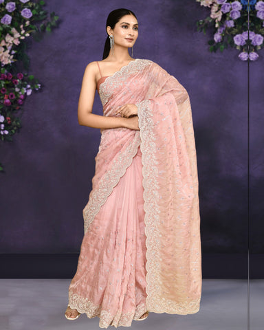 Women Pink Organza Satin Silk Sequins Work Saree With Malai Satin Embroidered Unstitched Blouse