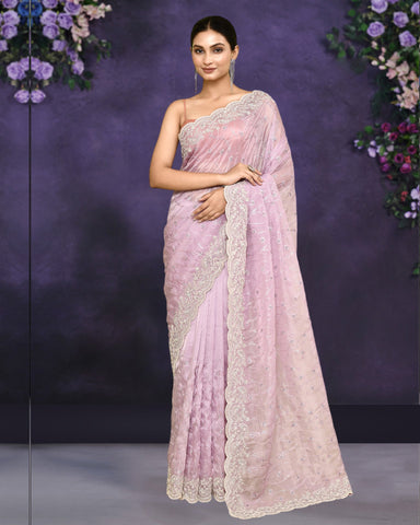 Women Lavender Organza Satin Silk Sequins Work Saree With Malai Satin Embroidered Unstitched Blouse