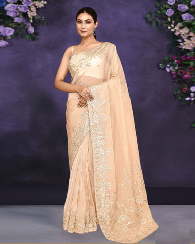 Women Peach Satin Silk Gota & Sequins Work Saree With Blue Satin Silk Embroidered Unstitched Blouse