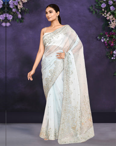 Women Light Blue Satin Silk Gota & Sequins Work Saree With Blue Satin Silk Embroidered Unstitched Blouse