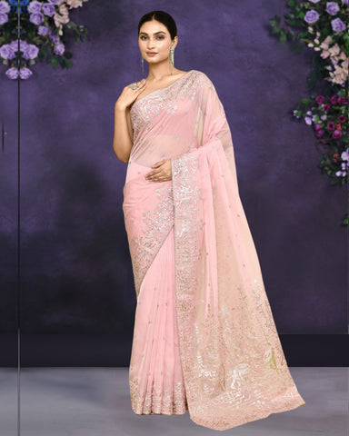 Women Pink Satin Silk Gota & Sequins Work Saree With Blue Satin Silk Embroidered Unstitched Blouse