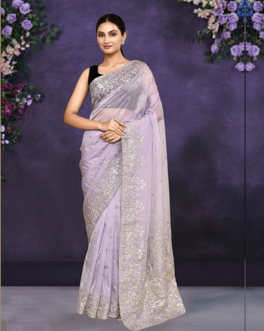 Women Light Purple Satin Silk Gota & Sequins Work Saree With Blue Satin Silk Embroidered Unstitched Blouse