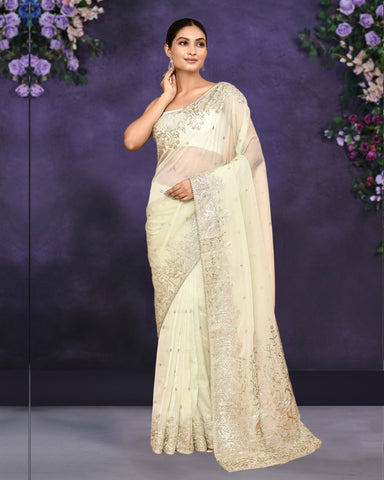 Women Cream Satin Silk Gota & Sequins Work Saree With Blue Satin Silk Embroidered Unstitched Blouse