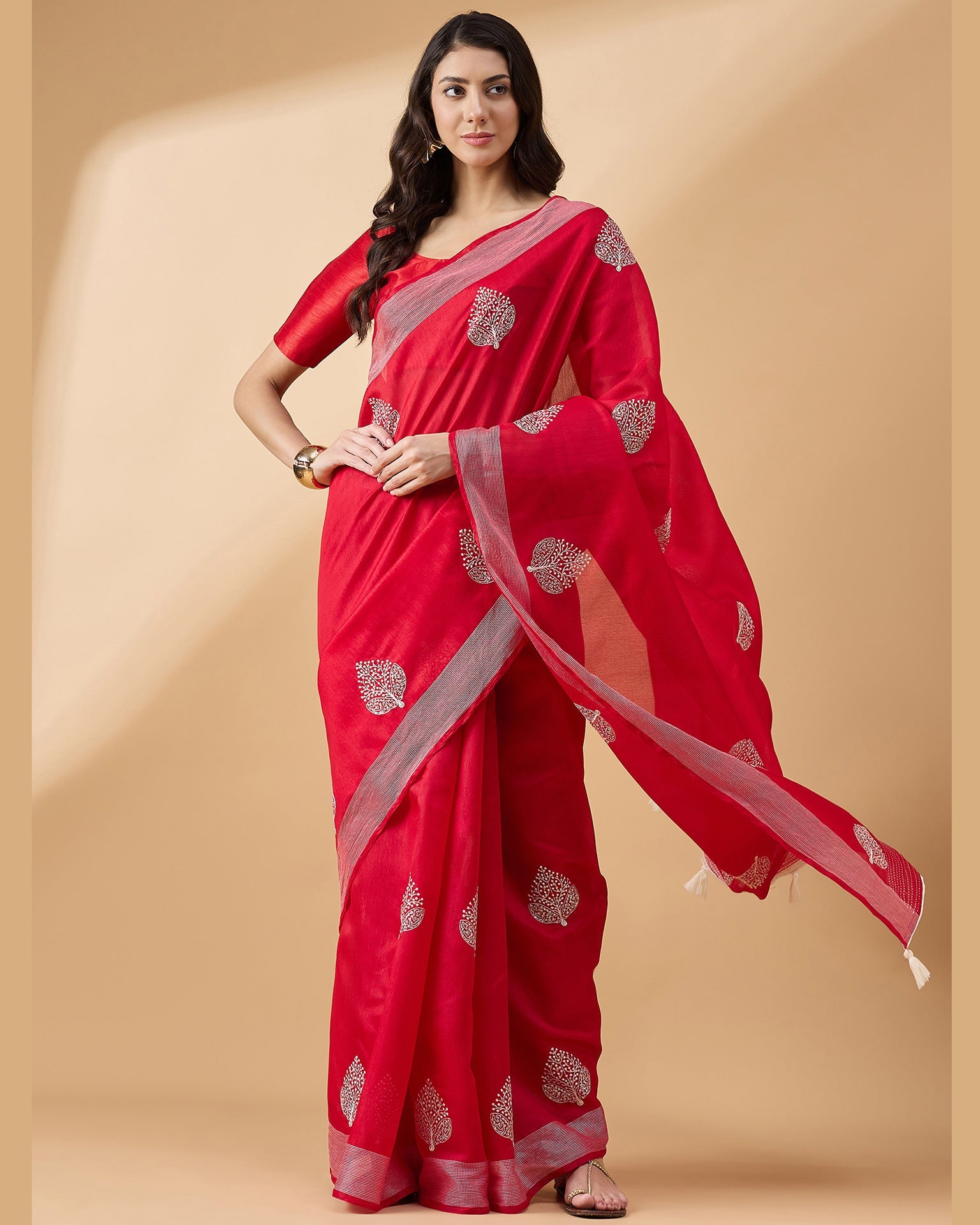Red Cotton Blend Thread Work Embroidered Saree With Red Art Silk Blouse