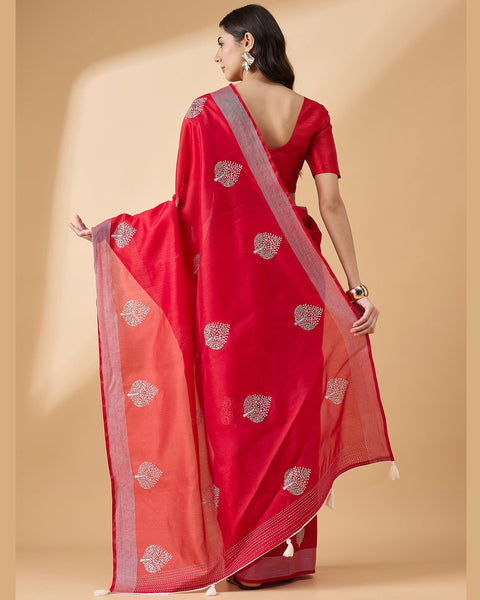 Red Cotton Blend Thread Work Embroidered Saree With Red Art Silk Blouse