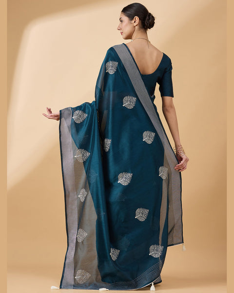 Blue Cotton Blend Thread Work Embroidered Saree With Blue Art Silk Blouse