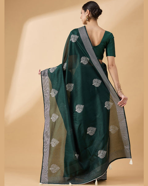 Green Cotton Blend Thread Work Embroidered Saree With Green Art Silk Blouse