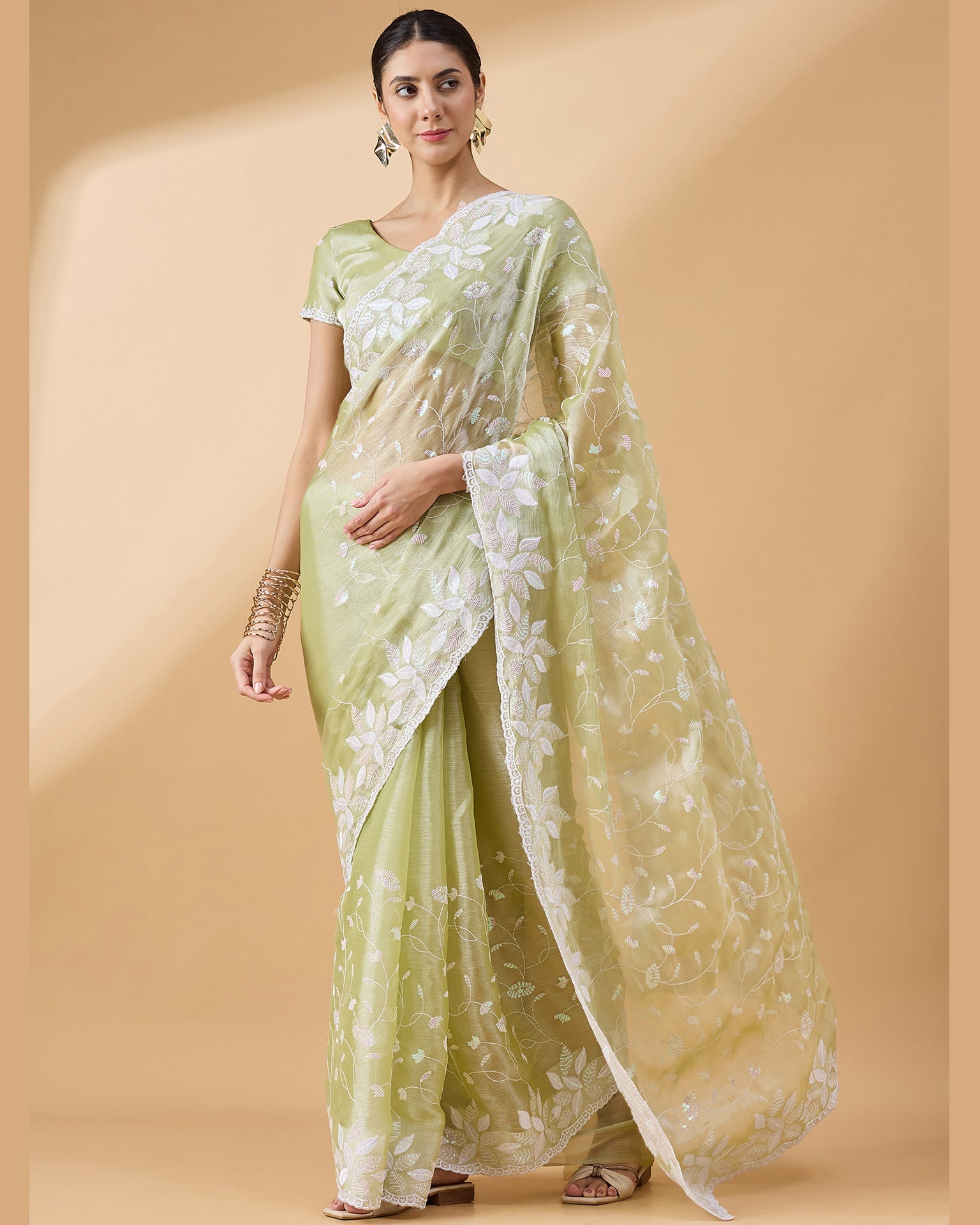 Green Tissue Slub Sequins Work Saree With Embroidered Blouse