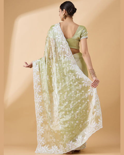 Green Tissue Slub Sequins Work Saree With Embroidered Blouse