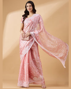 Peach Tissue Slub Sequins Work Saree With Embroidered Blouse