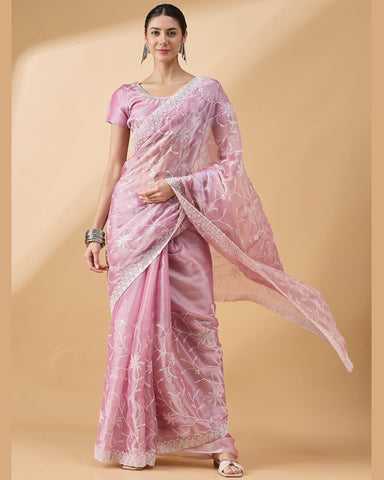 Pink Tissue Slub Sequins Work Saree With Embroidered Blouse
