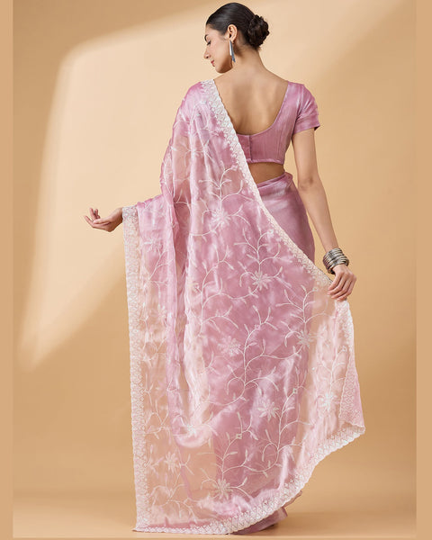 Pink Cotton Blend Thread Work Embroidered Saree With Pink Art Silk Blouse