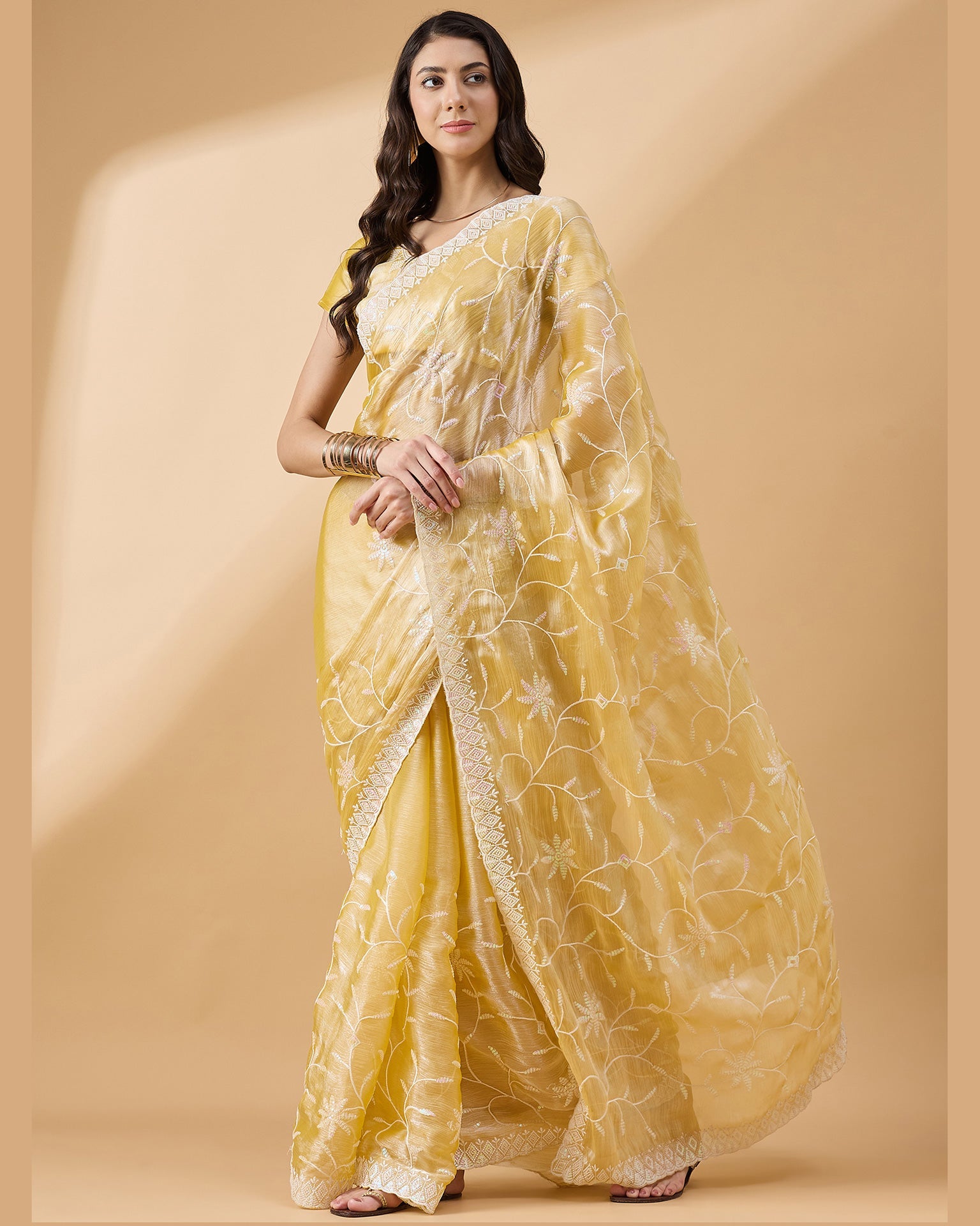 Yellow Organza Sequins & Thread Work Saree With Dark Blue Organza Blouse