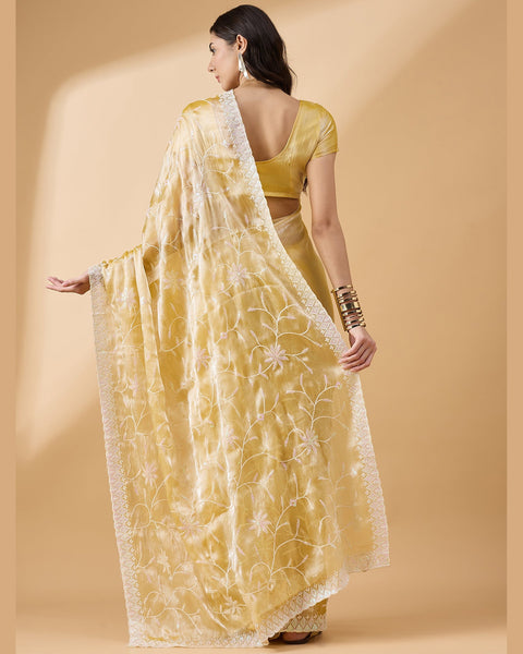 Yellow Organza Sequins & Thread Work Saree With Dark Blue Organza Blouse