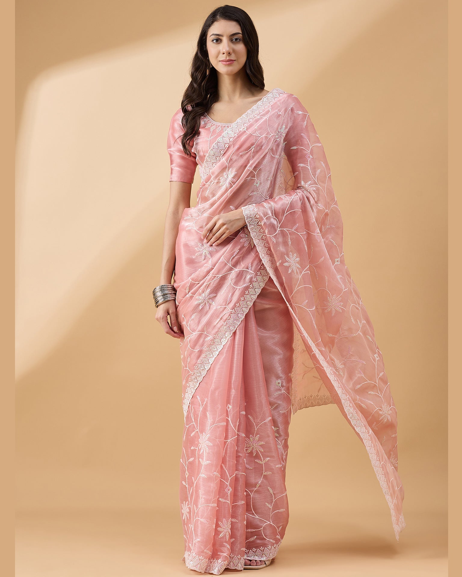 Peach Tissue Slub Sequins Work Saree With Embroidered Blouse