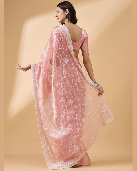 Peach Tissue Slub Sequins Work Saree With Embroidered Blouse