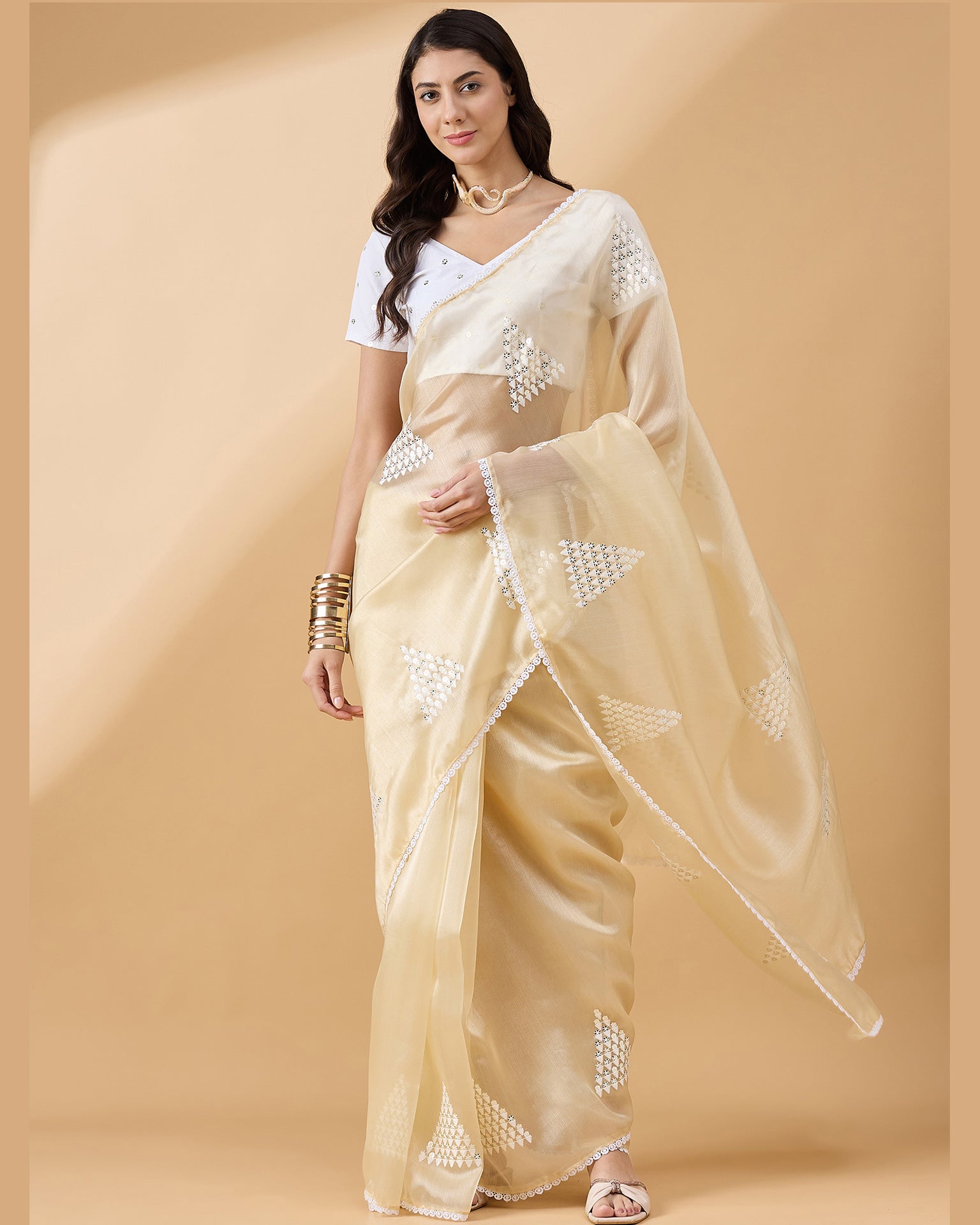 Yellow Tissue Slub Sequins & Thread Work Saree With White Embroidered Blouse