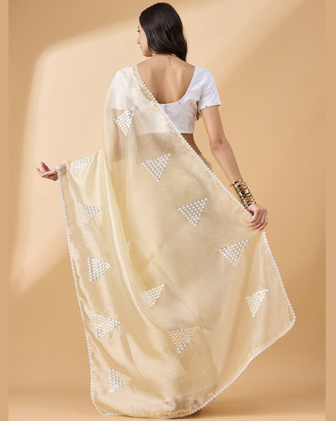 Yellow Tissue Slub Sequins & Thread Work Saree With White Embroidered Blouse