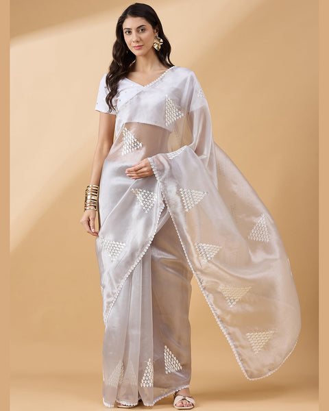 Light Grey Tissue Slub Sequins & Thread Work Saree With White Embroidered Blouse