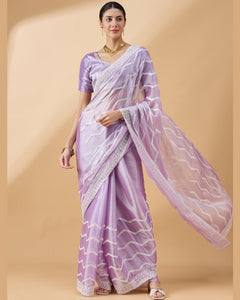 Purple Tissue Slub Sequins Work Saree With Embroidered Blouse