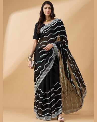 Black Tissue Slub Sequins Work Saree With Embroidered Blouse