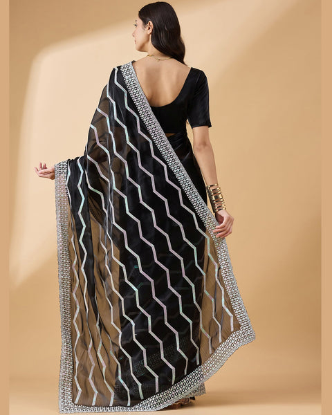 Black Tissue Slub Sequins Work Saree With Embroidered Blouse