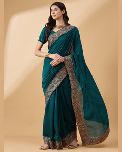 Teal Silk Blend Stone & Zari Work Saree With Embroidered Blouse