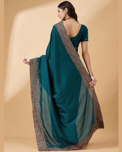Teal Silk Blend Stone & Zari Work Saree With Embroidered Blouse