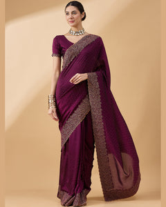 Purple Silk Blend Stone & Thread Work Saree With Embroidered Blouse